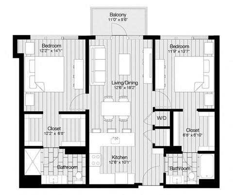 Floor plan for 2 beds, 2 baths, 1125 sqft